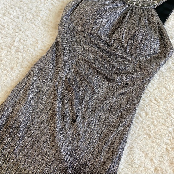 Cache Silver Metallic Beaded Embellished Evening Gown Maxi Dress 0 XS Y2K - Picture 6 of 16